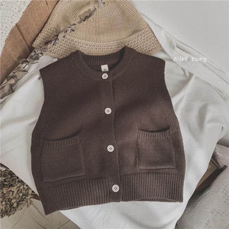 Forest Style Kids' Knitted Vest: Solid Color Versatile Sweater Cardigan for Boys & Girls - Perfect for Spring & Autumn Trends
