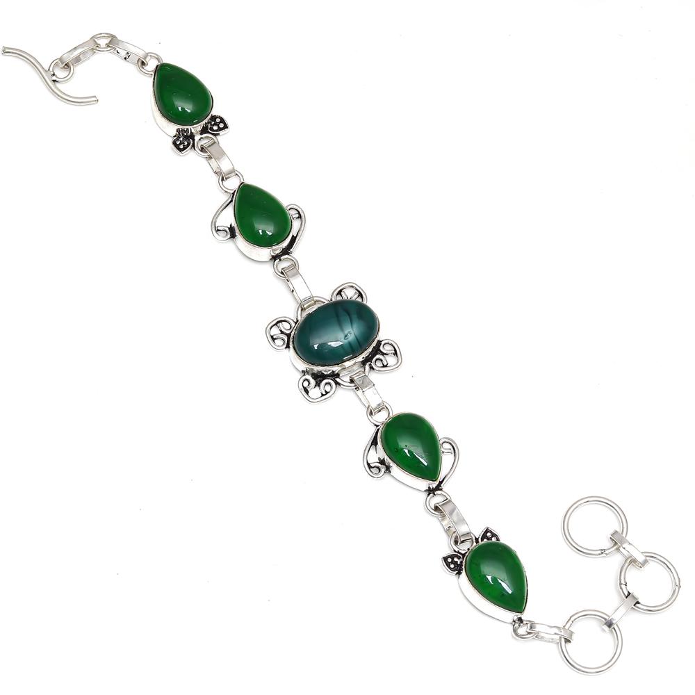 Green Onyx Gemstone Gift For Mother's Silver Jewelry Bracelet 7-8''