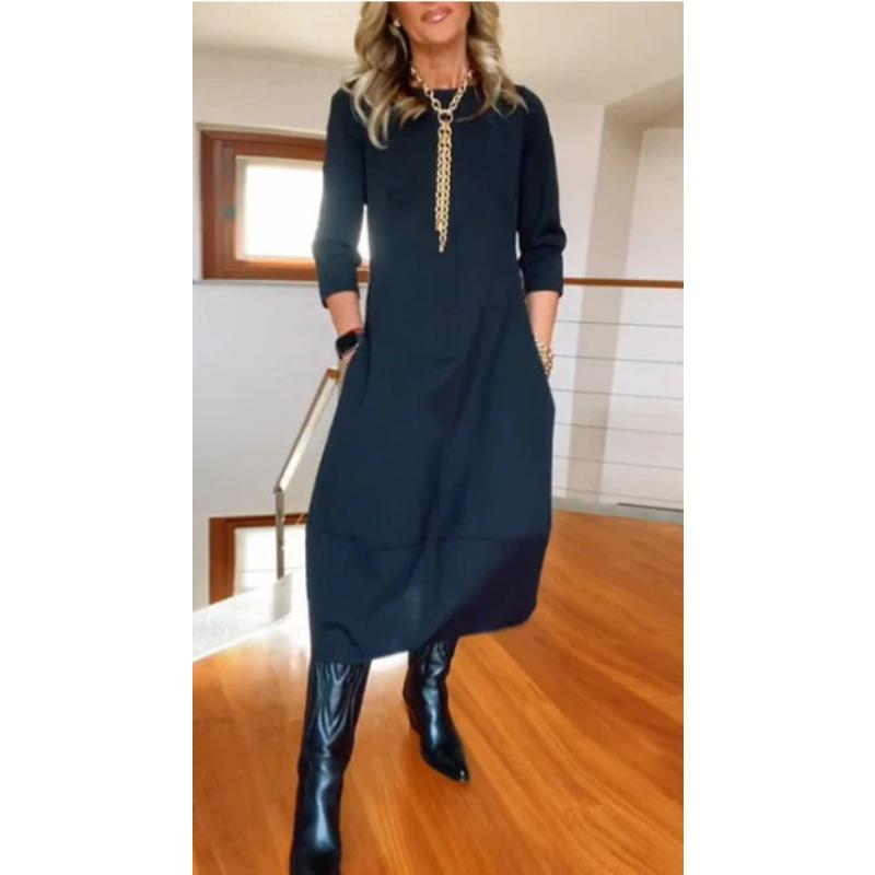 DICIFY Women's Fashion Autumn Winter Solid Color Print Long Sleeve O-NeckCasual Dresses
