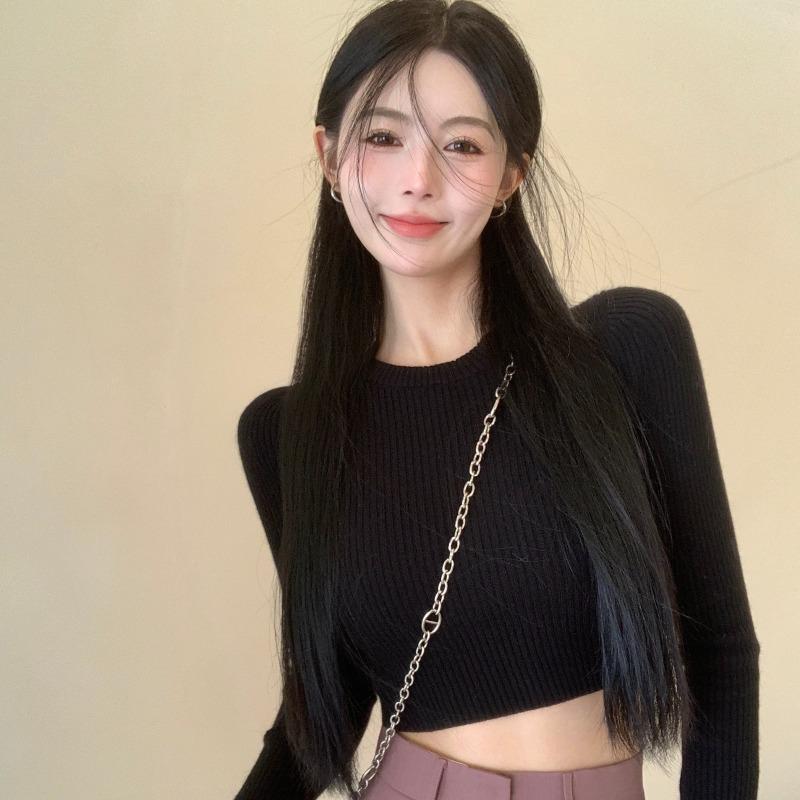 Gray Long-sleeved Knitted Sweater Women's Inner Slim-fitting Short Open-button Tight Bottoming Shirt Top Tide