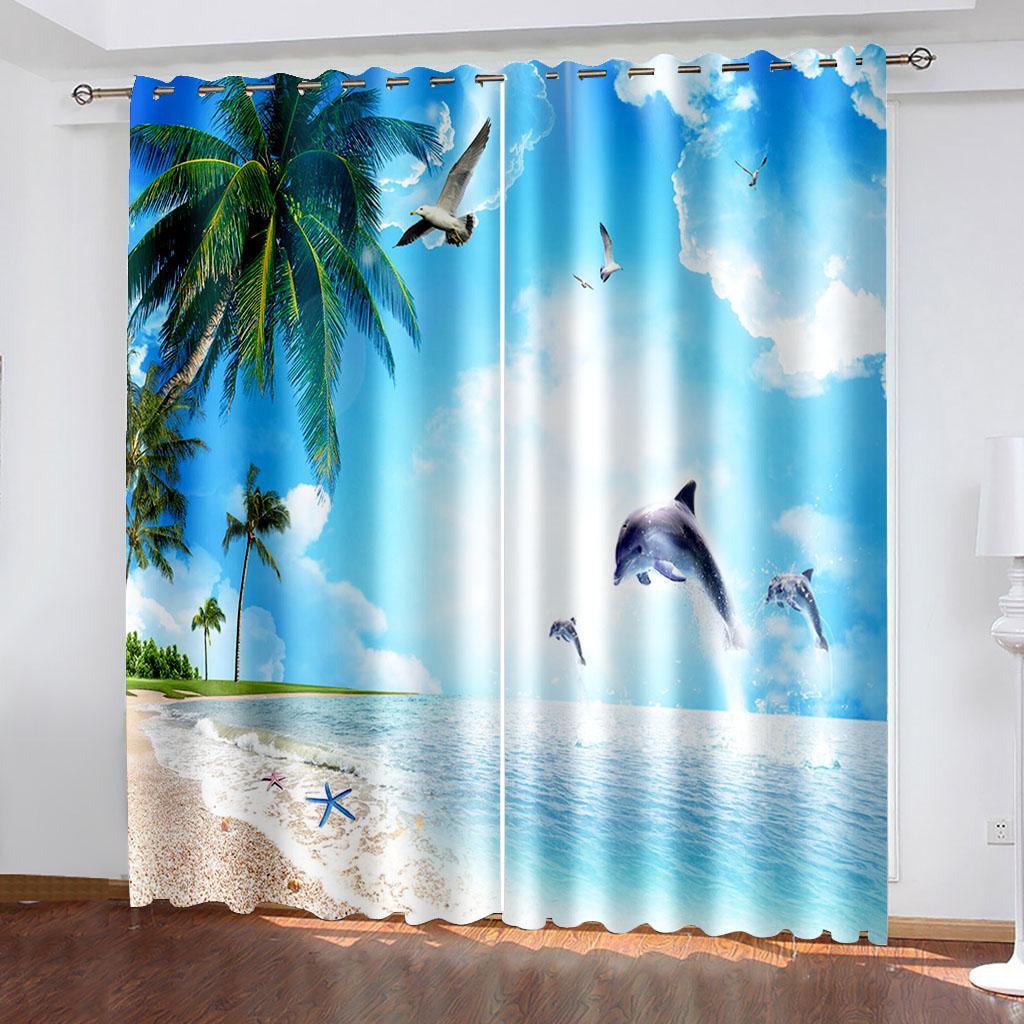 2 шт., пляжный пейзаж, простые карманные шторы с карманами, фильтрующие свет, подходят для гостиной, офиса, дома, украшения спальни