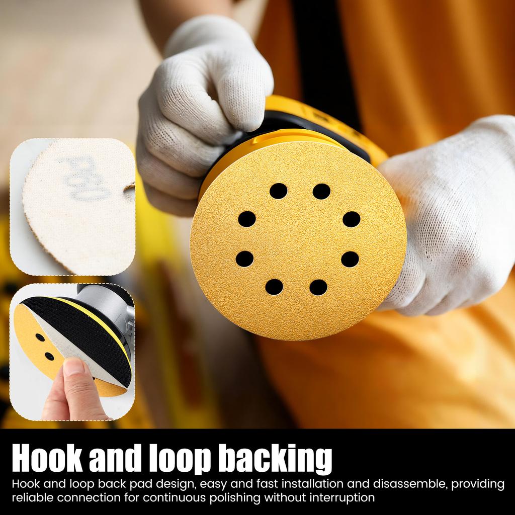 100Pcs 5inch 125mm 8 Hole Sanding Discs Sandpaper 60-320 Grits Gold Round Hook and Loop for Random Orbital Sander for Wood