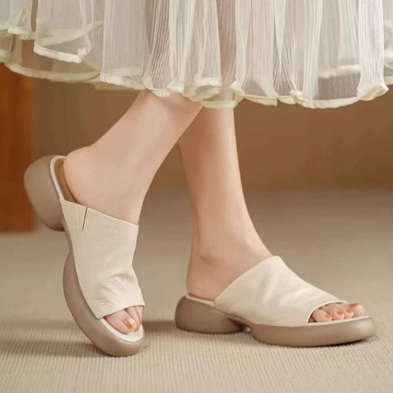 Ретро Супер Мягкие Кожаные Ленивые Шлепанцы для Женщин для Летней Носки Новые Круглый Носок Платформа Мягкая Подошва Прохладные Шлепанцы