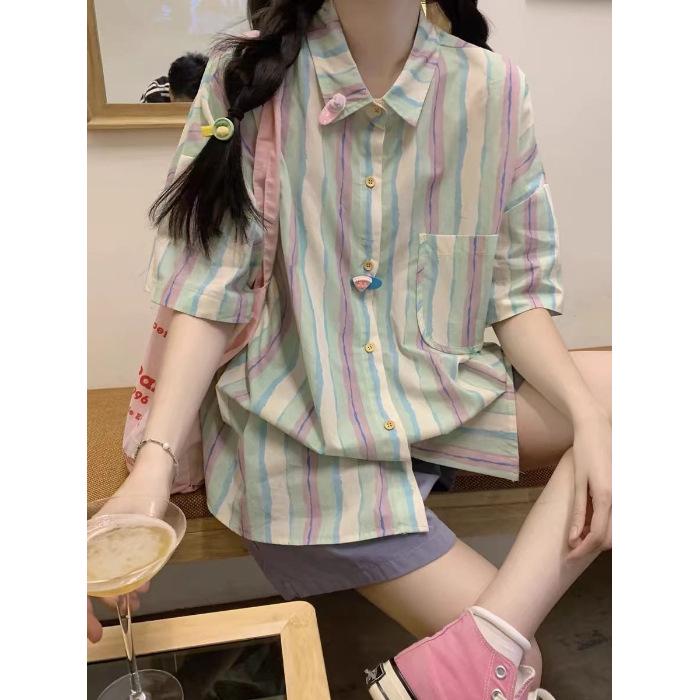 Dopamine Wear Women's Colorful Striped Short-Sleeve Shirt - Cute, Sweet, Loose Fit, Mid-Length for Summer