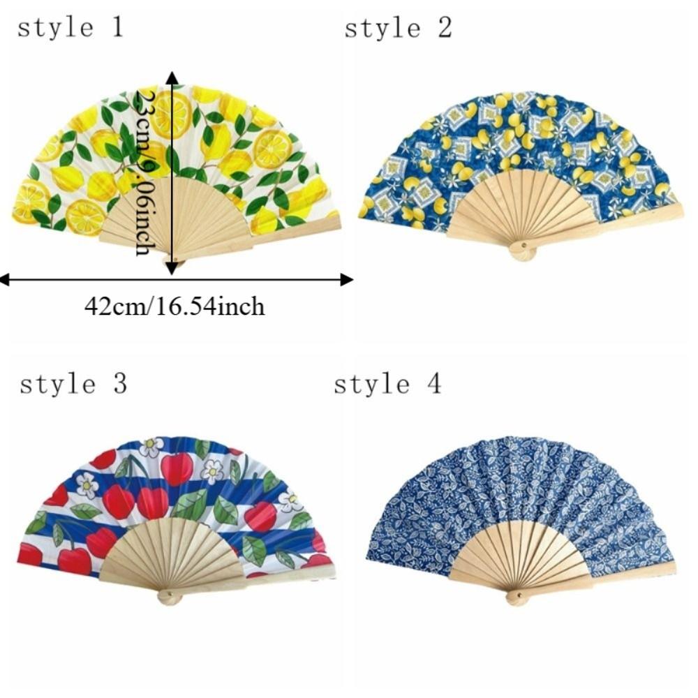 Wooden Handle Folding Hand Fan Lemon Print Hand Cranked Fan Lightweight Handheld Fan Photography