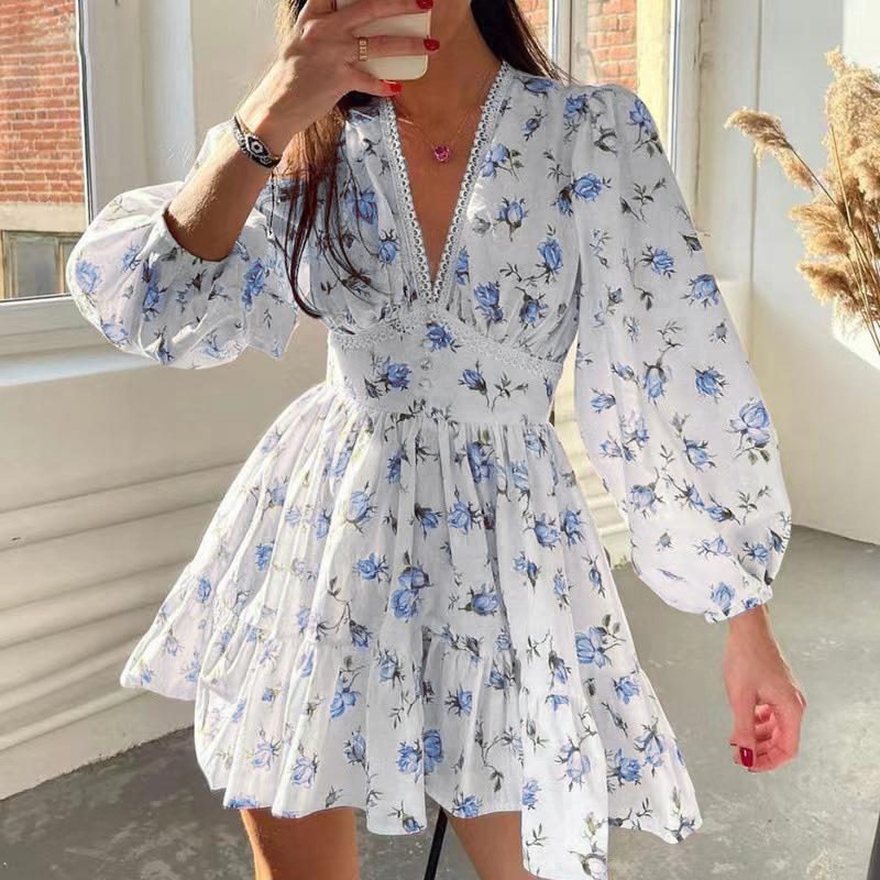 Fashion Women's Casual V-Neck Printed Long Sleeve High Waist Printed Dress