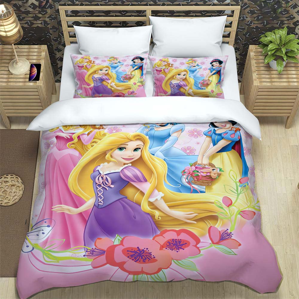 Princess series duvet cover set, 3D children's bedding three-piece set, includes 1 duvet cover and 2 pillowcases, extra large si