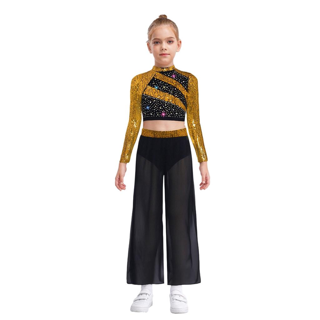 Girls Dance Two Piece Set Mock Neck Long Sleeved Sequins Cutout Back Crop Top with Chiffon Pants