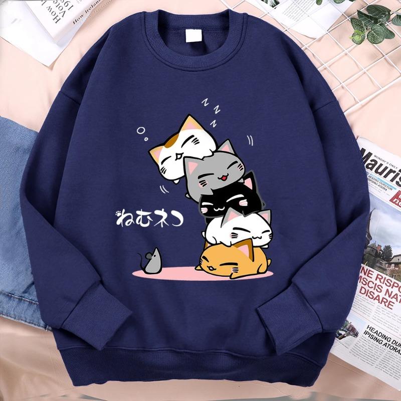 Stacked Cats Sleeping Don't See Mouse Мужская одежда Аниме-пуловеры с капюшоном Свободная флисовая толстовка Повседневная уличная одежда с круглым вырезом Пуловеры и длинные рукава мужские