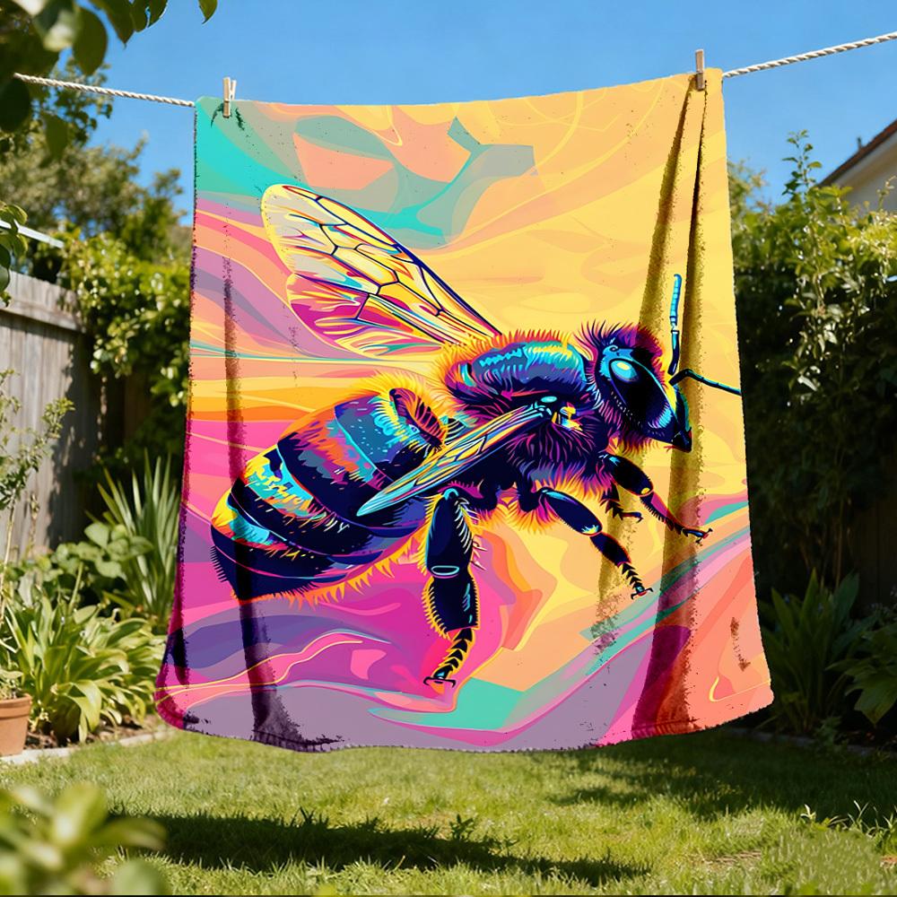 1pc Bee Art Print Throw Blanket Polyester Fiber, Lightweight Flannel, Soft & Warm, All Season Use for Outdoor, Camping Digital Print