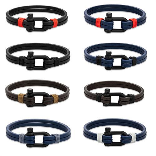 Black U-Shaped Horseshoe Buckle Bracelet Men'S Leather Double-Layer Casual Hand Rope Stainless Steel Buckle Bracelet