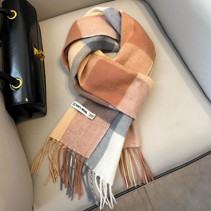 British Plaid Pure Wool Scarf Winter Women's Retro Blue Girls Couple Versatile Warm Scarf Men's Gift