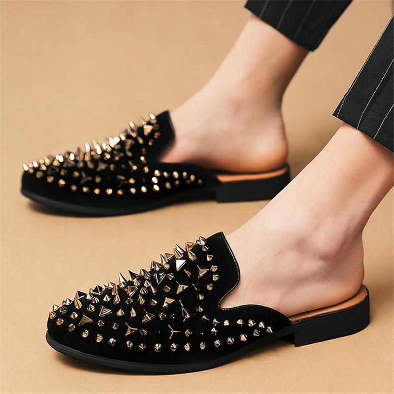 Designer New Men's Half Slippers Hip Hop Punk Rivet Shoes Slip on Casual Mules Moccasins Breathable Loafers Zapatos Hombre