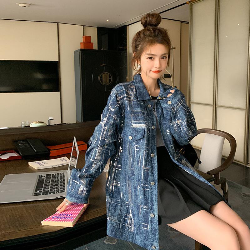 Женская джинсовая куртка с пайетками, стильные лацканы, модная однобортная, свободная, омолаживающая и универсальная