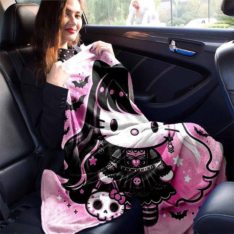 1pc Hello Kitty Gothic Halloween Blanket, Home Decorative Throw Blanket, All Seasons Use, Living Room, Travel, Camping, Car Blankets, Beach, Office Na