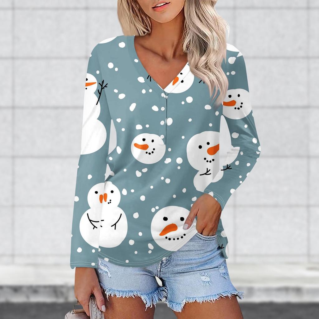 Женская повседневная мода сексуальный комфорт рождественские принты V-образный вырез пуговицы длинный рукав футболка топ