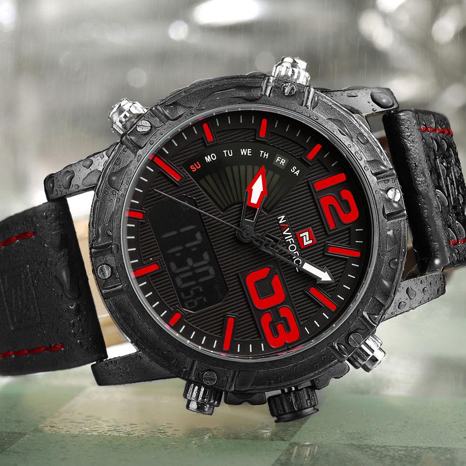 Naviforce Мужские повседневные коричневые кожаные спортивные часы, модные цифровые кварцевые наручные часы с двойным дисплеем