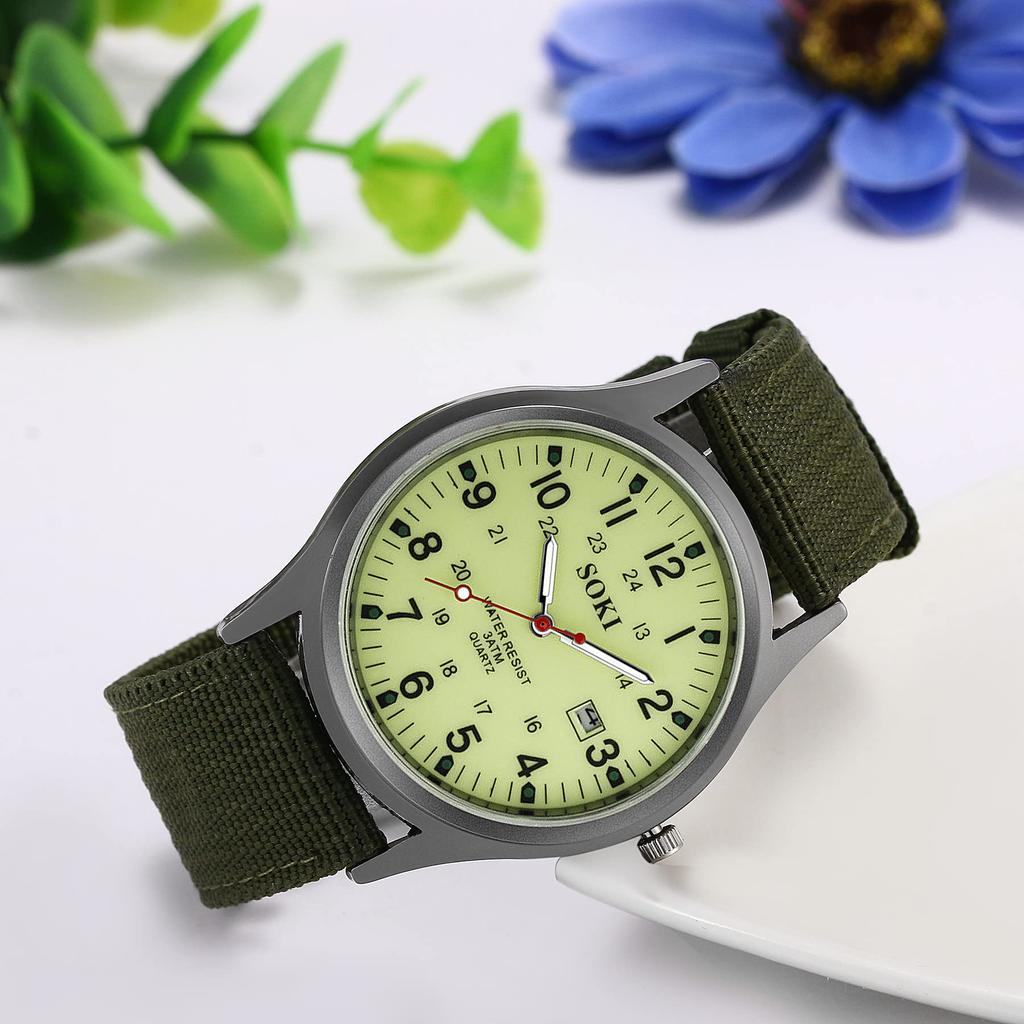 Antique Calendar Luminous Analog Display Simple Stylish Sports Watch Quartz Nylon Belt Green Camping Climbing Fashion Accessories Birthday Anniversary