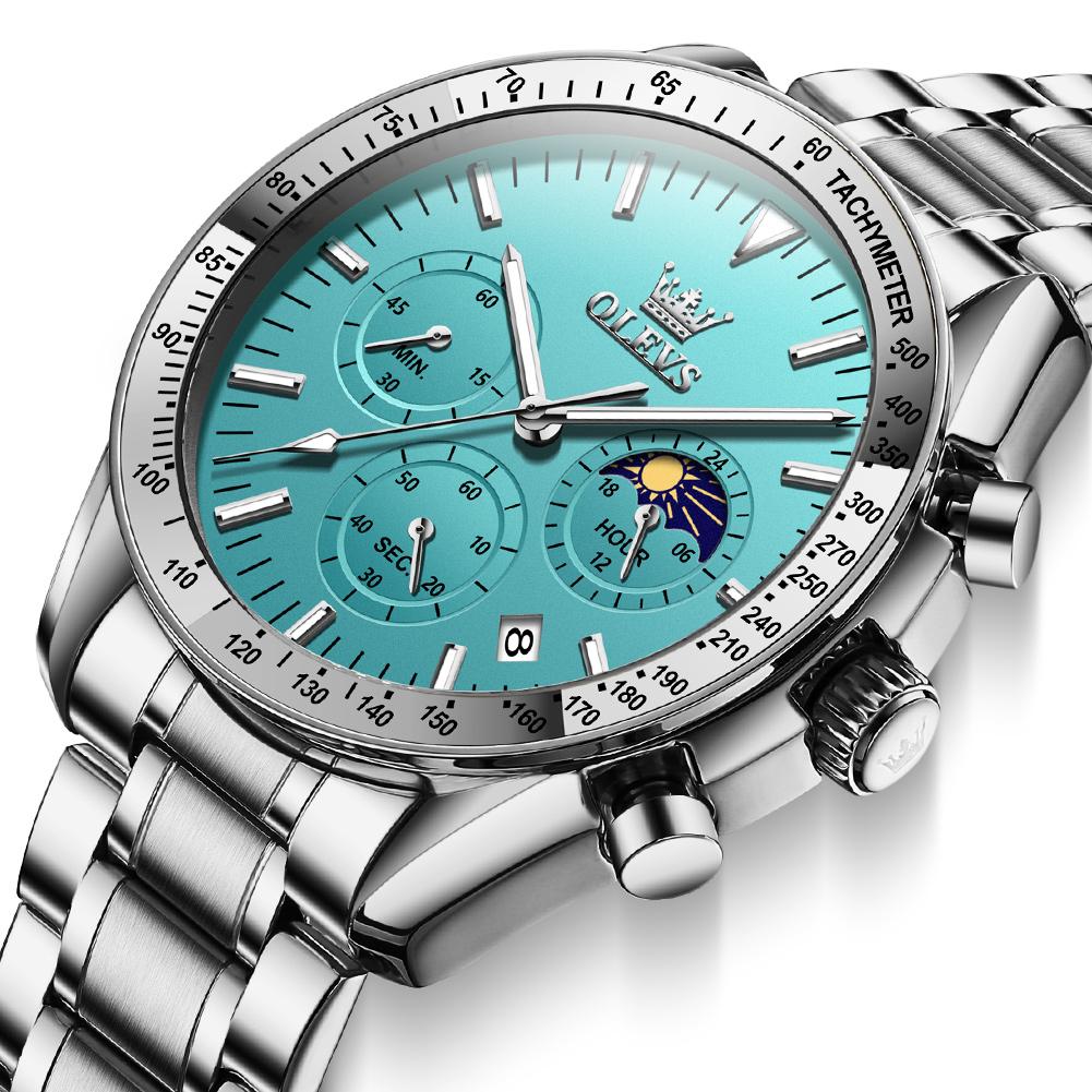 Мужские кварцевые часы с тремя глазами и фазами Луны, водонепроницаемые, светящиеся, с календарем, подходят для повседневного бизнеса