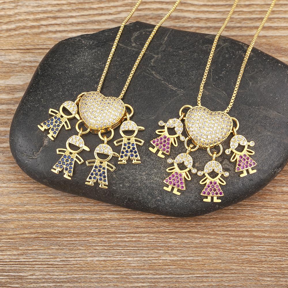 Nidin Fashion Hot Family Member Pendant Necklace Micro-Studded Zircon Love Heart Boy Girl Parent-Child Jewelry Mother's Day Gift