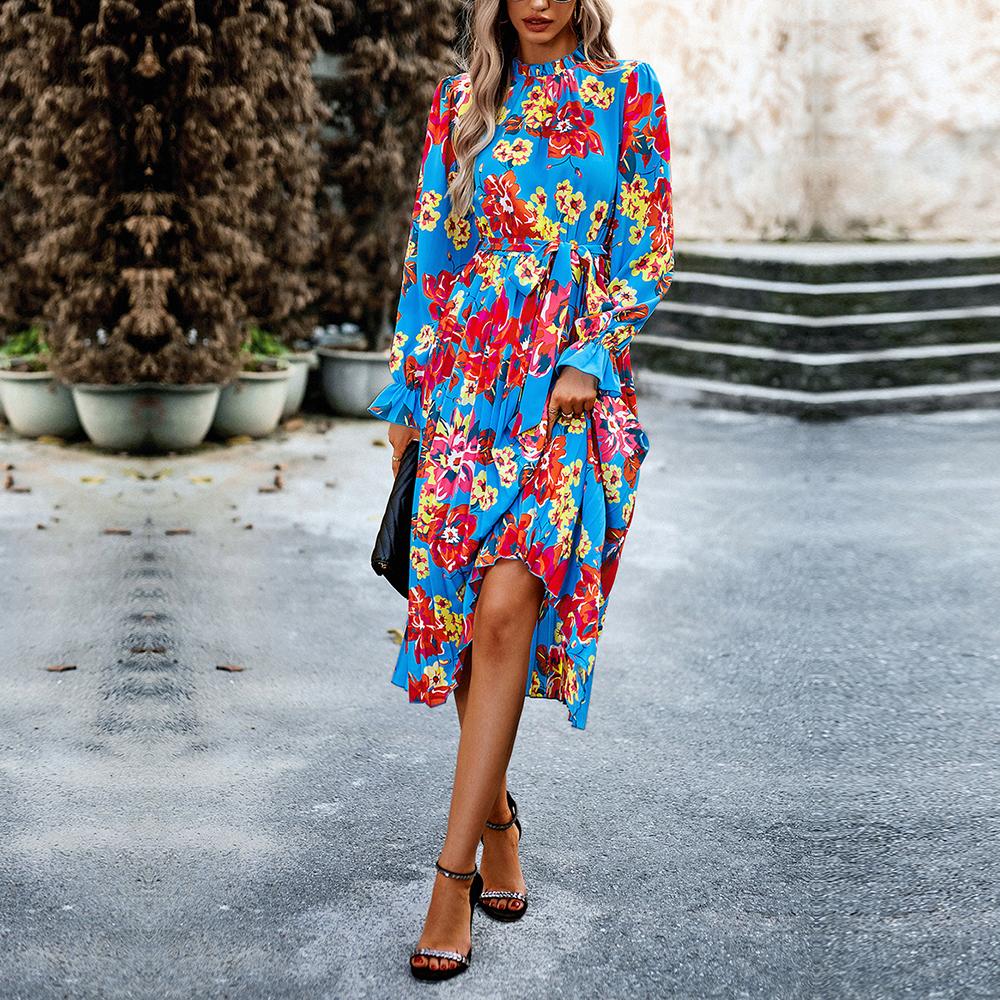 Осенне-зимнее женское плиссированное длинное платье для отдыха с круглым вырезом и длинными рукавами с принтом