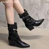 Chunky Pointed Toe Women Ankle Boots Fashion Leather Mid Heels Sexy Shoes  Trend Winter Designer New Pumps Goth Botas Mujer