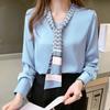 Весна Осень Однотонная блузка с V-образным вырезом и длинным рукавом для женщин, повседневные свободные пуловеры, элегантные атласные топы для всех