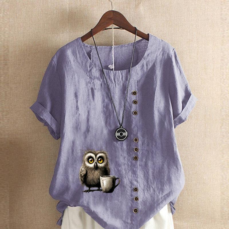 Women's Fashion Owl Prined Short Sleeve T-shirt Loose Cotton Shirt Casual Loose Summer Blouse Plus Size Tops