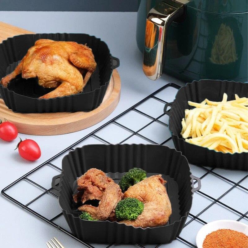 1pc Black Silicone Air Fryers Oven Baking Tray Square Replacement Kitchen Grill Pan Airfryer Kitchen Fried Chicken Basket Mat