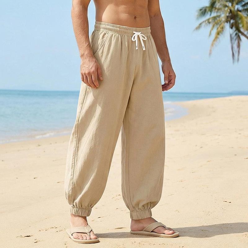 Men’s All-season Trousers: Men’s Linen Loose-fit Harem Trousers, Tapered At The Ankles, in Solid Colours, with Drawstring, Wide-leg Beach Trousers