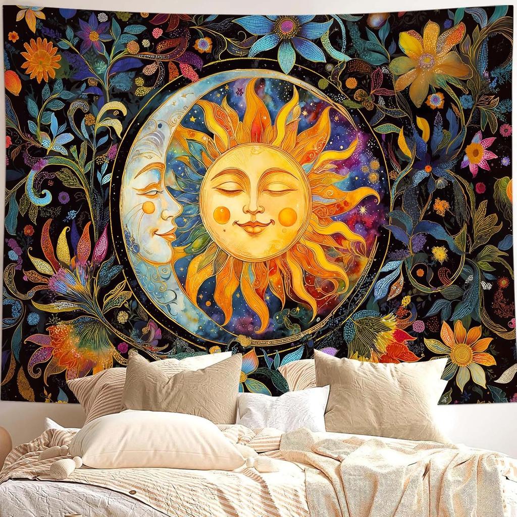 Wegklazax Abstract Sun and Moon Floral Tapestry, Bohemian Hippie Cosmic Wall Art for Room Decor, Artistic Nature Home Decor