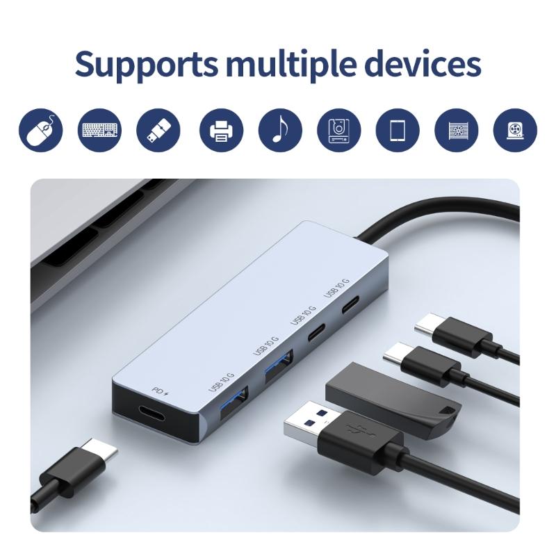 USB-C разветвитель 2x USB-C, 2x USB-A порта, скорость передачи 10 Гбит/с, зарядка PD100 Вт, алюминиевый хаб для устройств