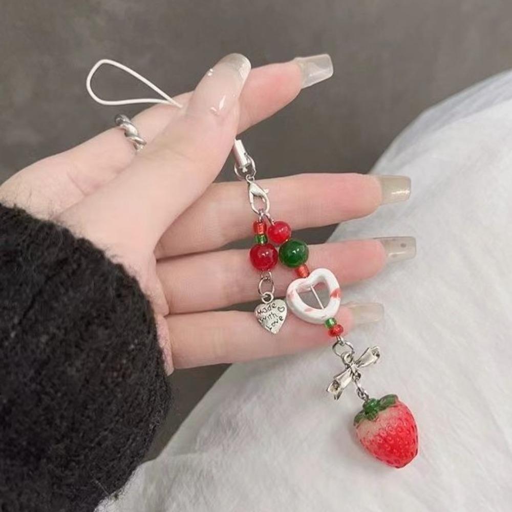 Acrylic Strawberry Keychain Pendant Bag Hanging Car Keyring Strawberry Beads Phone Chain Gifts