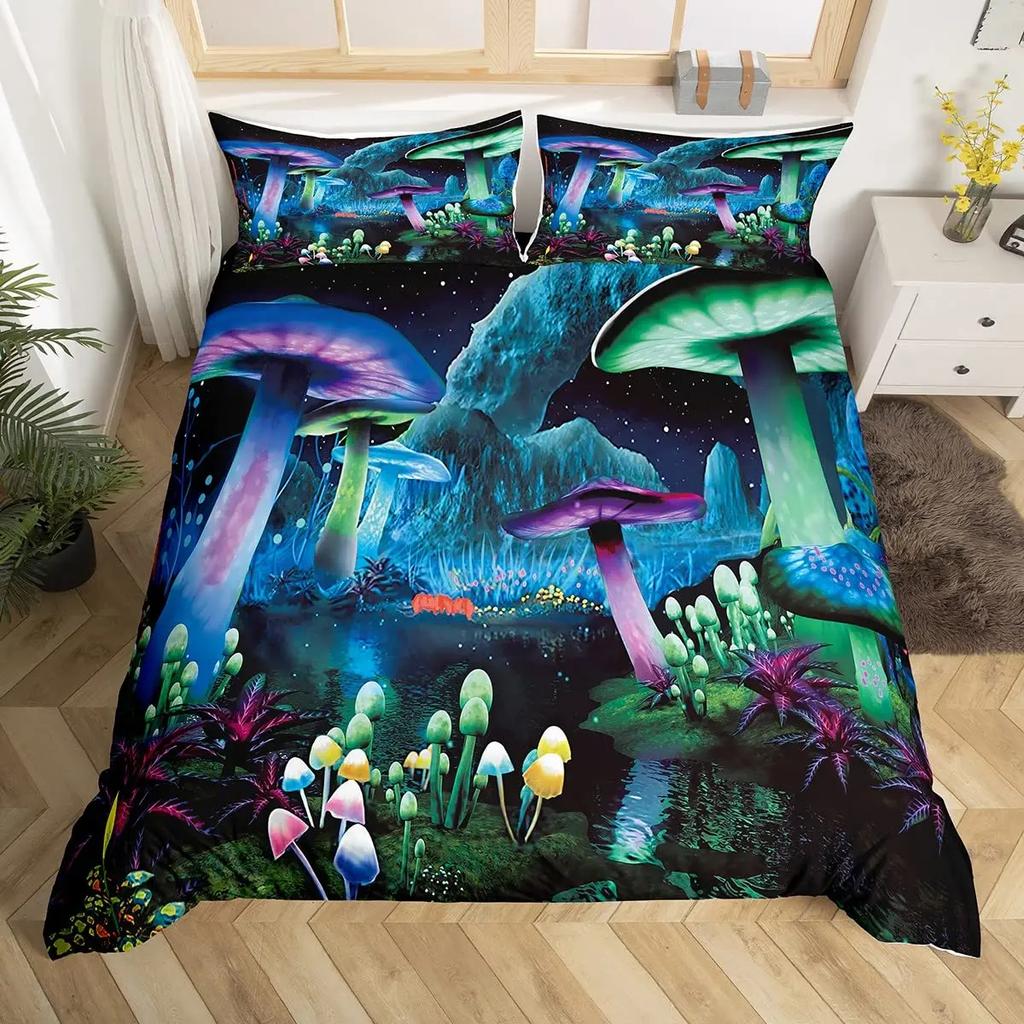 Mushroom Duvet Cover Set Burgundy Plant Fallen Leaves Bedding Set 2/3pcs For Boys Snail Print King Size Soft Comforter Cover