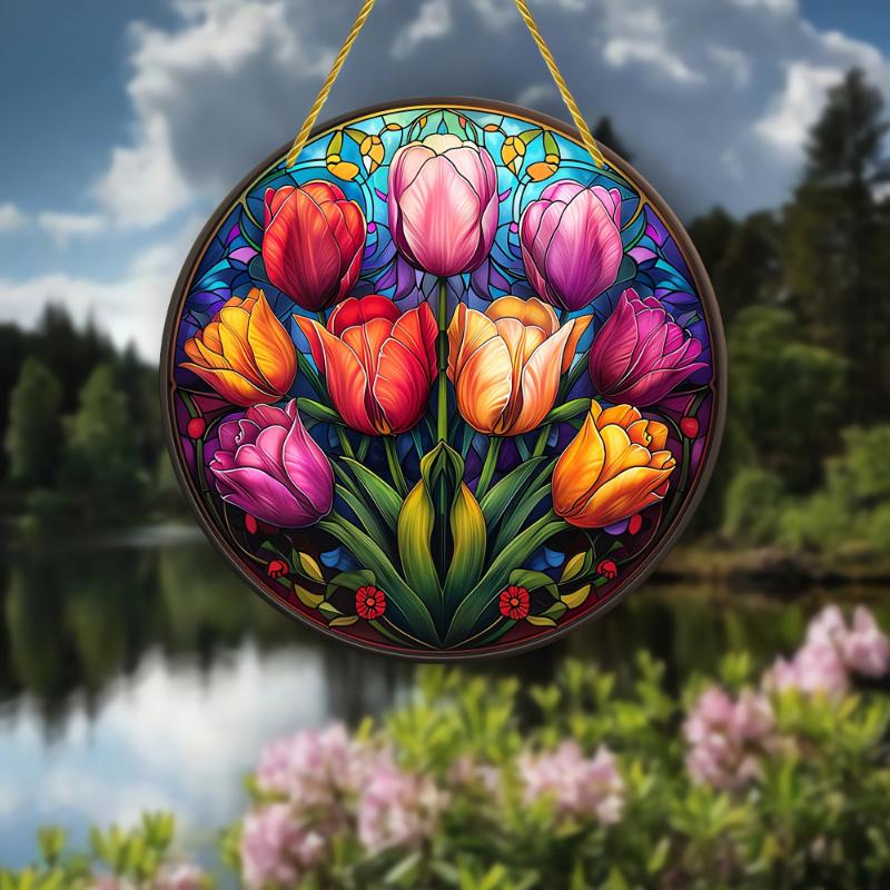 Разноцветные витражные тюльпаны, деревянный ловец солнца, круглый подвесной декор для дома и сада, идеальный подарок на день рождения матери
