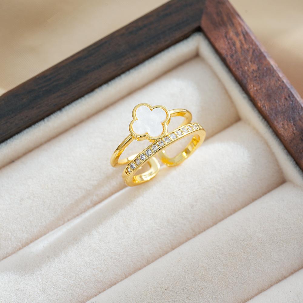 Модное кольцо с четырьмя листами клевера и цирконием для женщин, роскошное регулируемое кольцо с открытым лепестком и чувством ниши