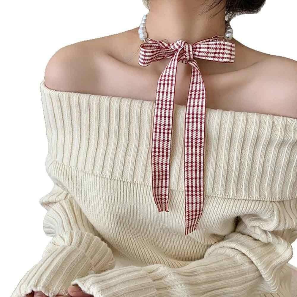 Summer Pearl Necklace Lace Scarf Hollow Embroidery Bags Handle Decor For Women Collarbone