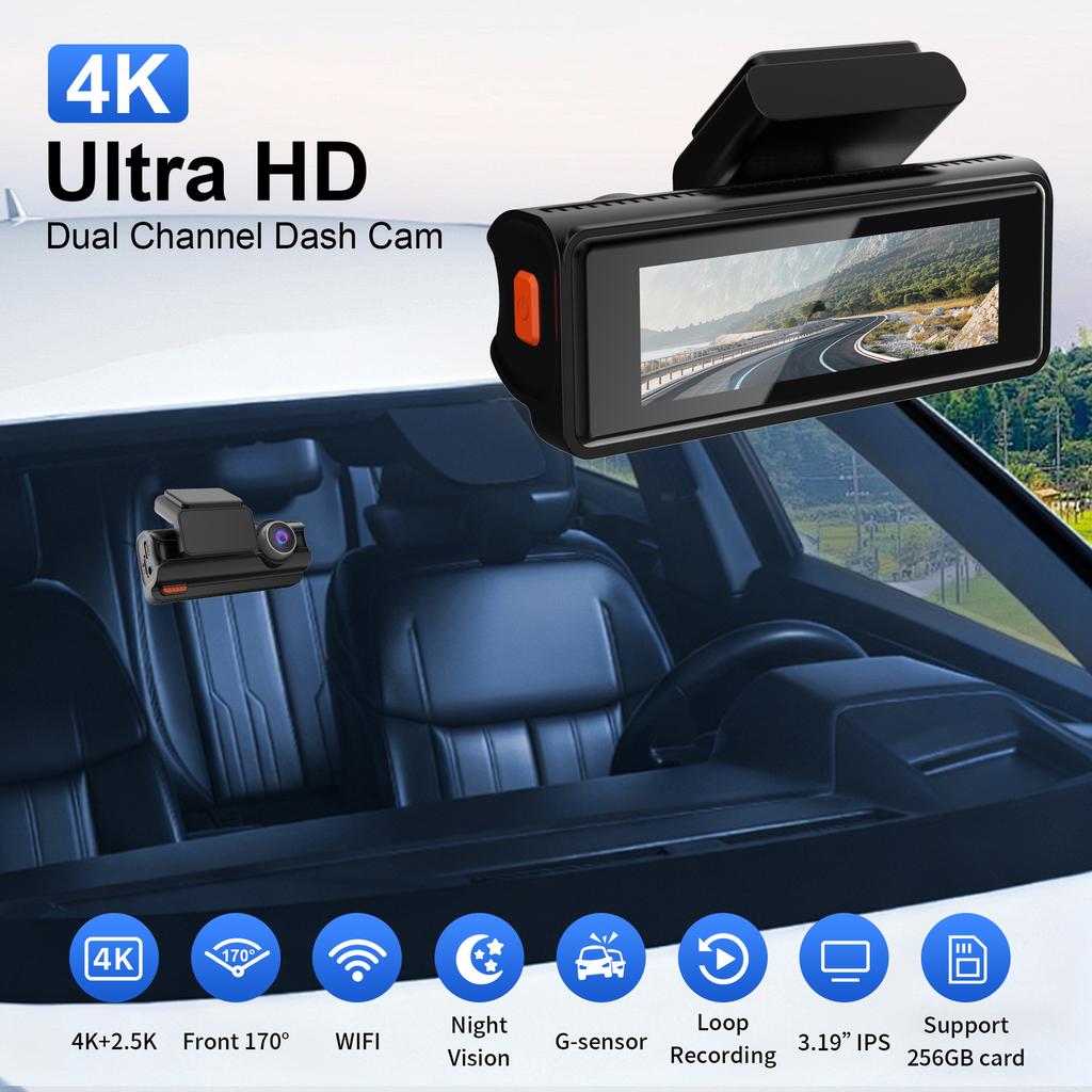 Новый 4K видеорегистратор, двойная камера, WiFi, Автомобильный DVR, Запись спереди и сзади, 4K+2.5K, Мониторинг парковки, G-сенсор, Циклическая запись