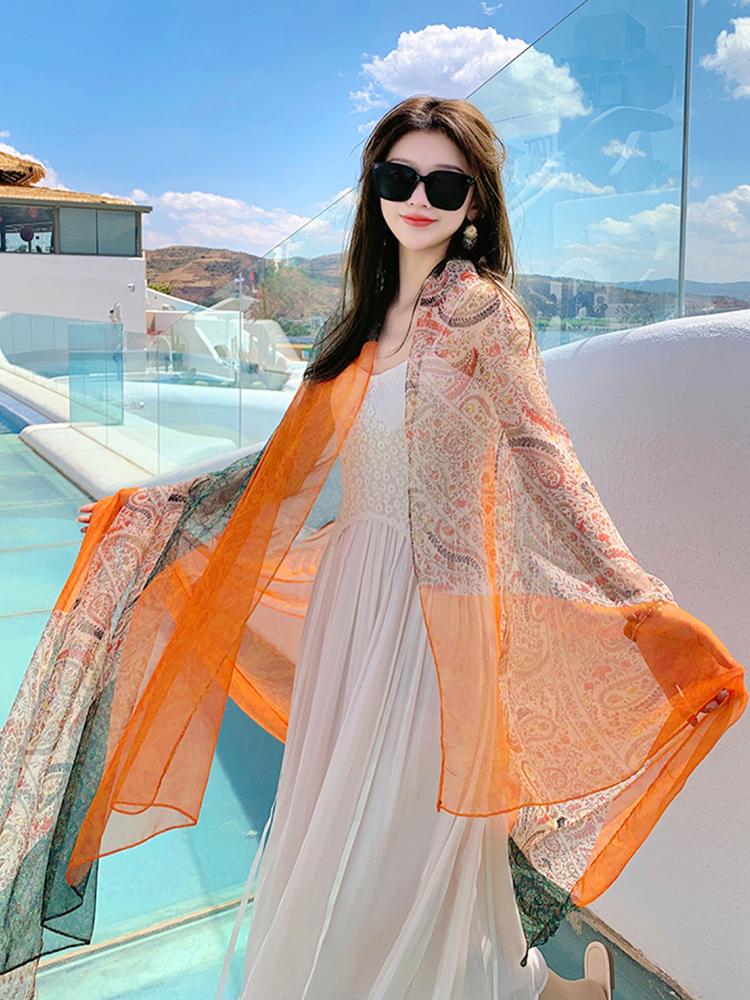 Summer Chiffon Hijab Elegant Women Silk Scarf Vintage Print Mujer Shawl Bandana Sarong Beach Wrap Scarve Pareo Bufanda Stoles