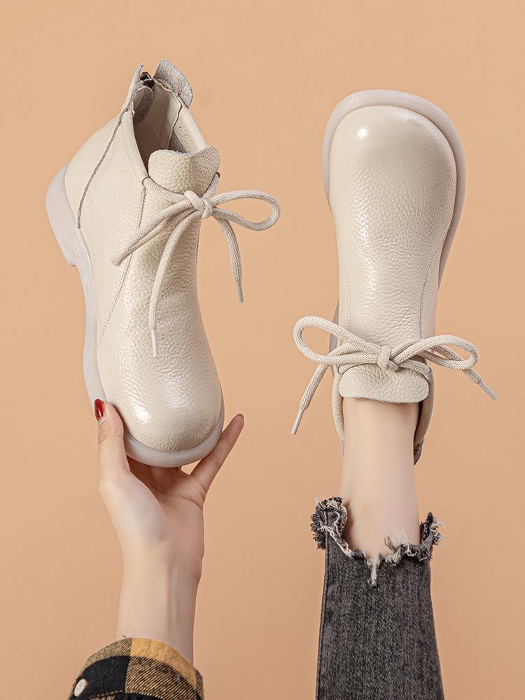 New First-layer Cowhide Martin Boots Women's Shoes Short Boots Warm Soft-soled Mother Shoes Velvet Lace-up Deep Mouth Fashion Casual