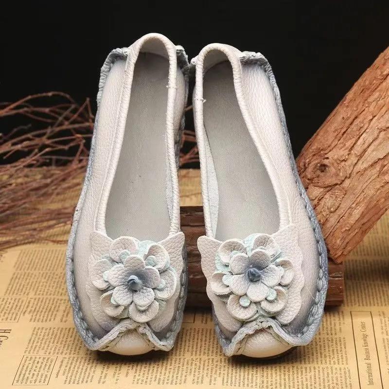Women Loafers Genuine Split Leather Flat Heels Flower Round Toe Soft Solid Sandals Platform Ladies Shoes