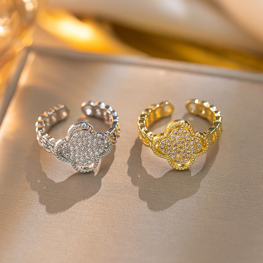 Модный индивидуальный дизайн кольцо с четырьмя листочками клевера для девушки, темперамент, милый, крутой стиль, открывающееся регулируемое кольцо