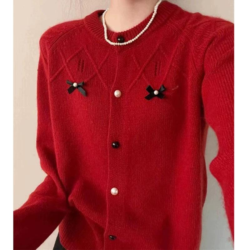 Женский осенне-зимний вязаный кардиган с круглым вырезом и бантом