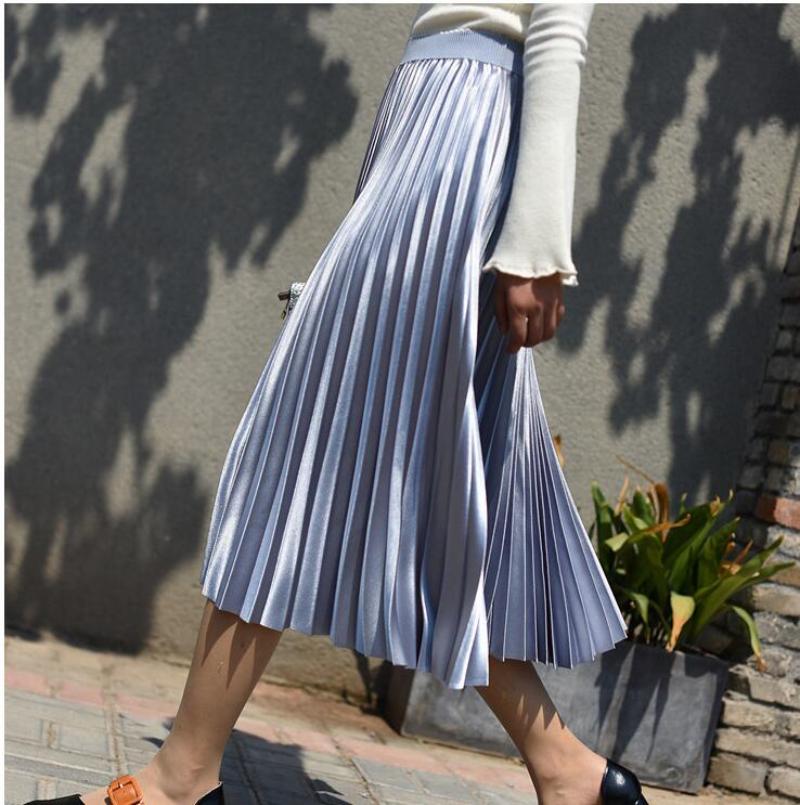 Women 11 Colors Satin Pleated Midi Skirt Elegant Elastic Waist Solid Color A-line Skirt
