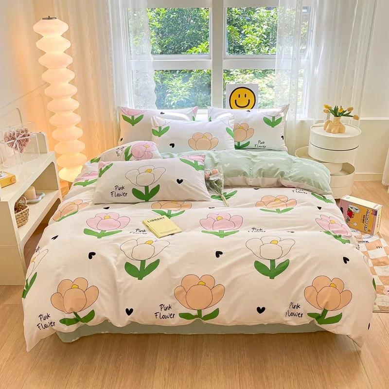 Комплект постельного белья из 3 предметов с цветными цветами в мультяшном стиле из 100% хлопка, мягкий и приятный на ощупь, с 2 наволочками