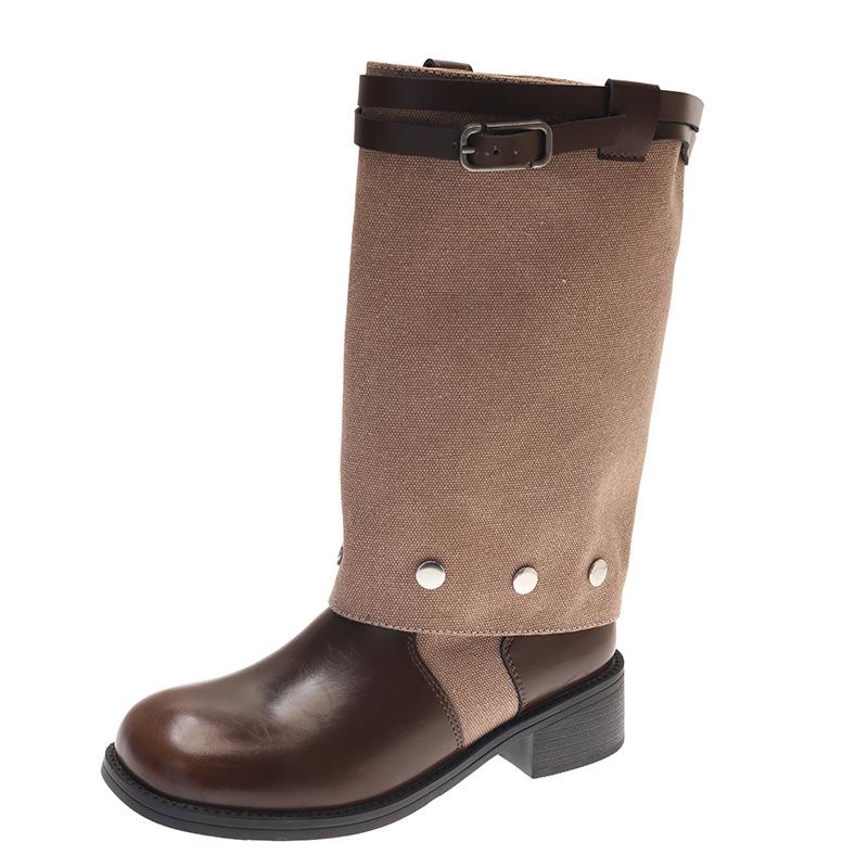 Two wear retro-style color matching belt buckle stacking boots women's autumn and winter new wide-tube knight boots versatile fashion boots