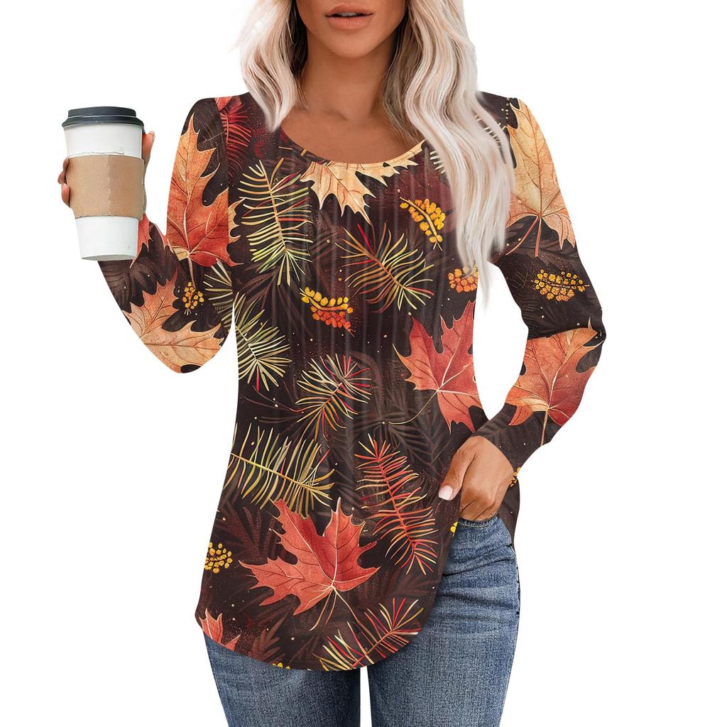 Long Sleeve Shirts For Women Tops Dressy Casual Blouses Pleated Scooped Neck Tunic Tops