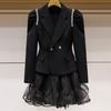 Женский черный костюм-двойка во французском стиле: Пиджак и юбка с лацканами и массивной ромбовидной отделкой