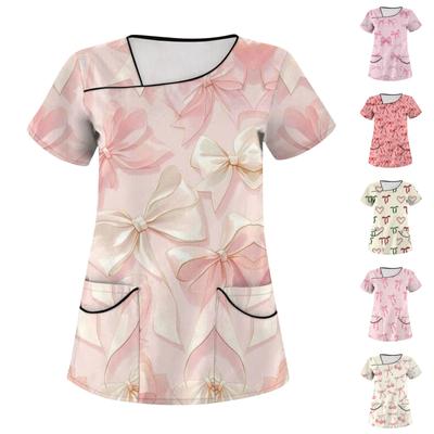 Женская мода с бантом и принтом, короткий рукав, рабочая одежда с двойными карманами