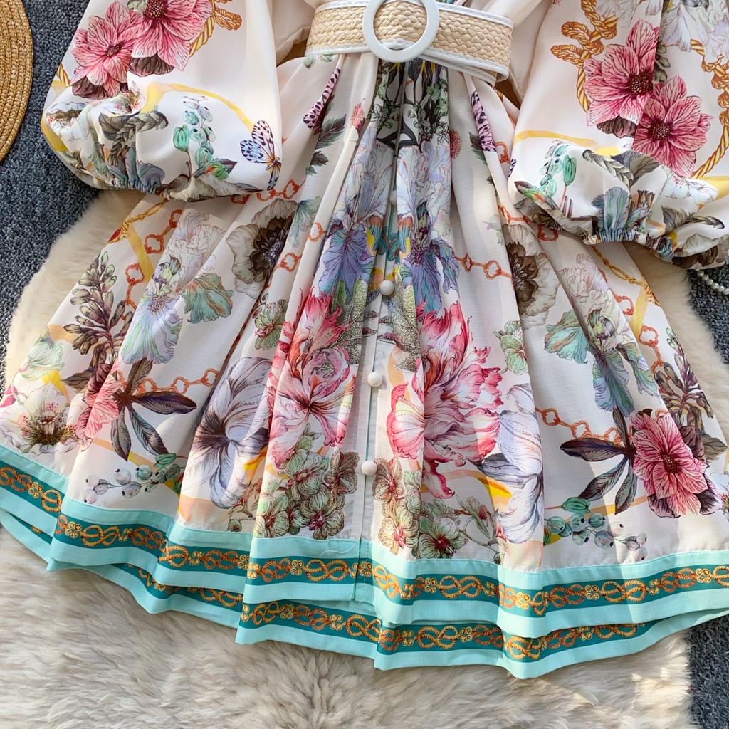 Spring Summer Women Vintage Designer Print Runway Dress V-neck Single Breasted Mini Short Party Dresses with Belt